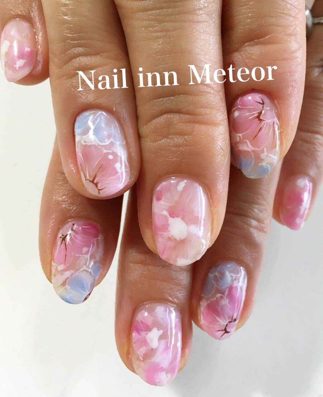 クリアsummer ピンク 水色 マーブル 花 Nail Inn Meteor 大府市のネイルサロン