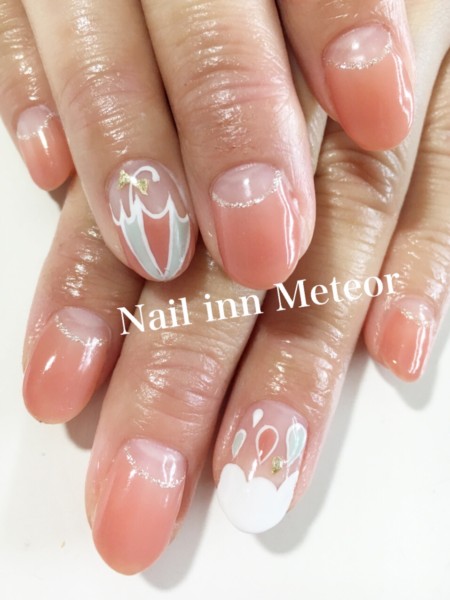 新色 くすみカラー 逆フレンチ ピンク オレンジ ラメ 傘 雨 梅雨ネイル 可愛い Nail Inn Meteor 大府市のネイルサロン